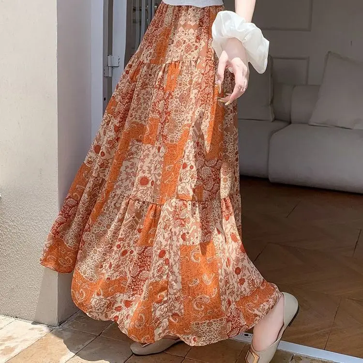 

Hawaiian style silky elastic lining chiffon skirt with waist and thin summer skirt high waist versatile