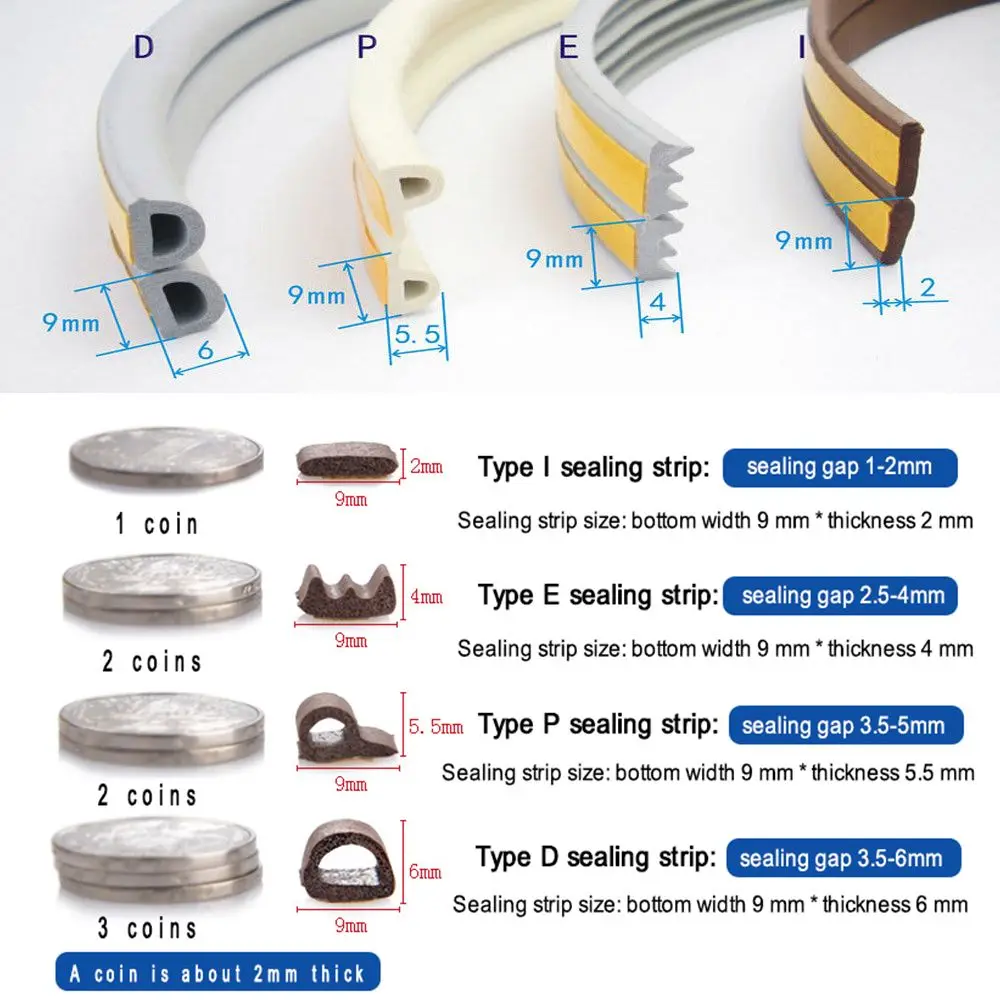 5/10m D/E/P/I Type Noise Insulation Rubber Anti Collision Window Door Foam Seal Strip Draught Excluder