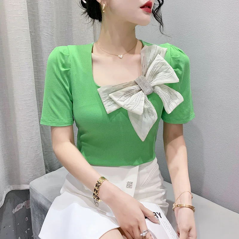 

New Summer European Clothes Cotton T-Shirt Chic Sexy Square neck Bowknot Color Blocking Women Tops Short Sleeve Tees