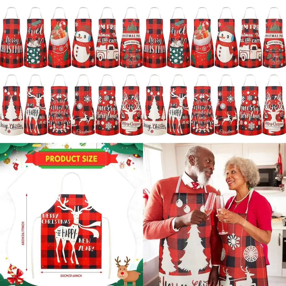 

Black & Red Plaid Christmas Apron with Snowflakes and Deer for Women - Adjustable Holiday Cooking Apron