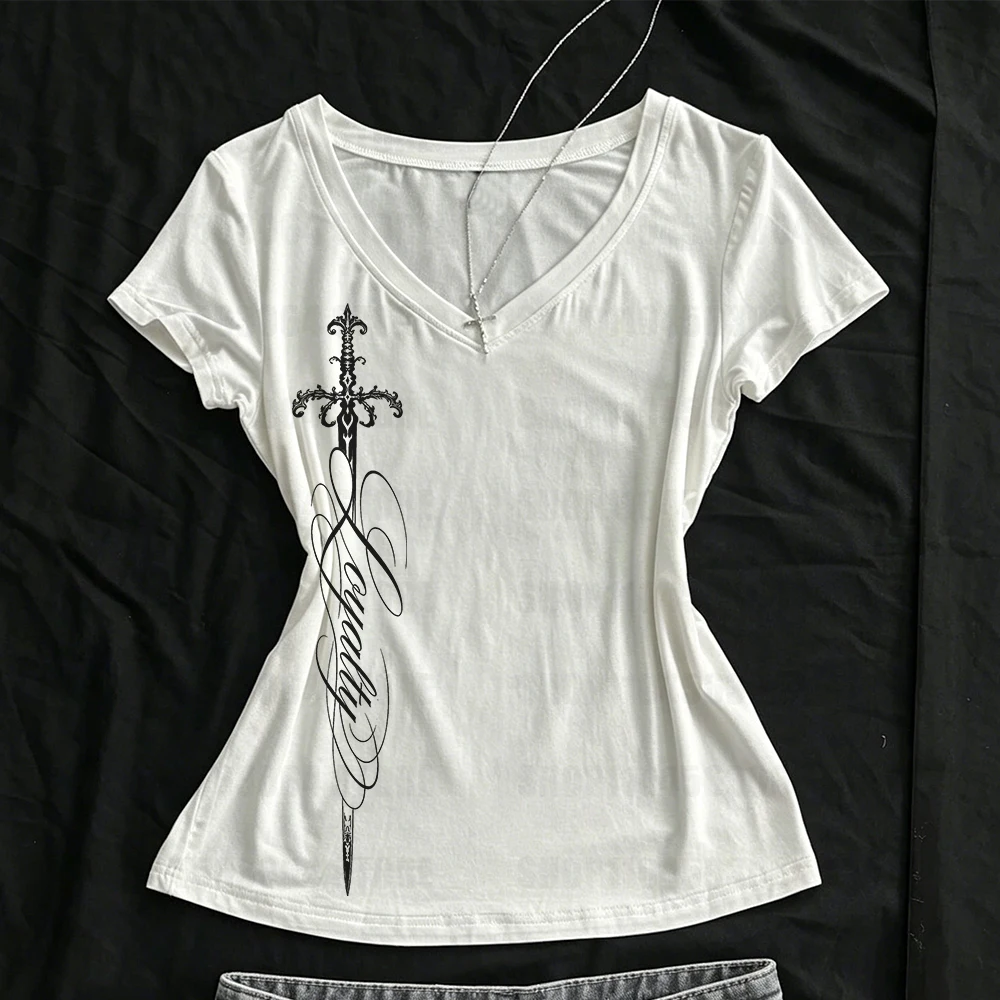 Street Y2k 2000S punk letter pattern crop top retro Gothic women's slim fit T-shirt sexy print Harajuku Emo