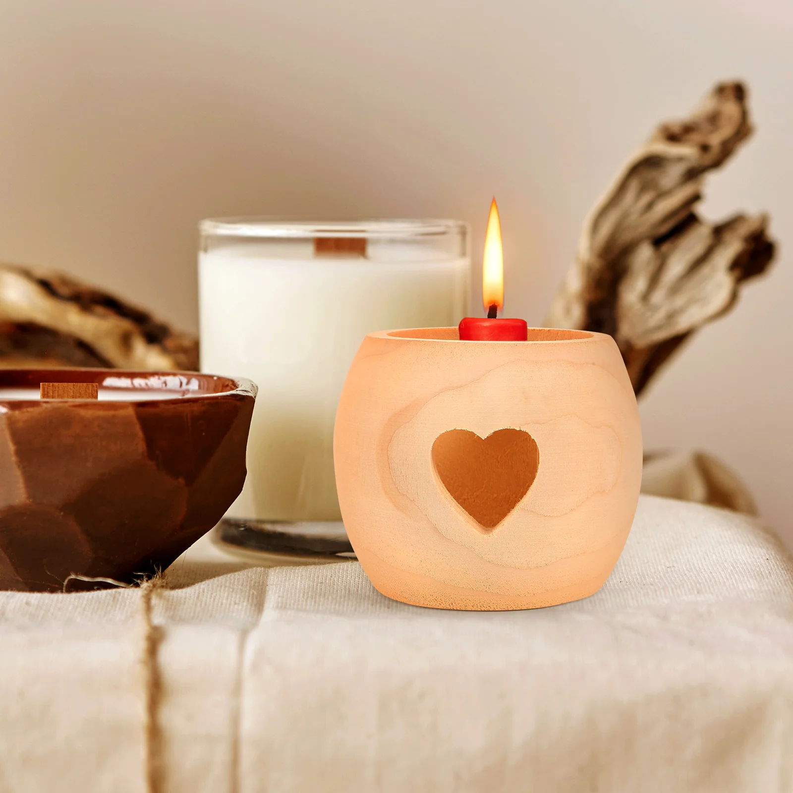 

Heart Shaped Wooden Holder Unique Tea Light Stand for Pillar Candles Rustic Home Decor Living Room Window Table