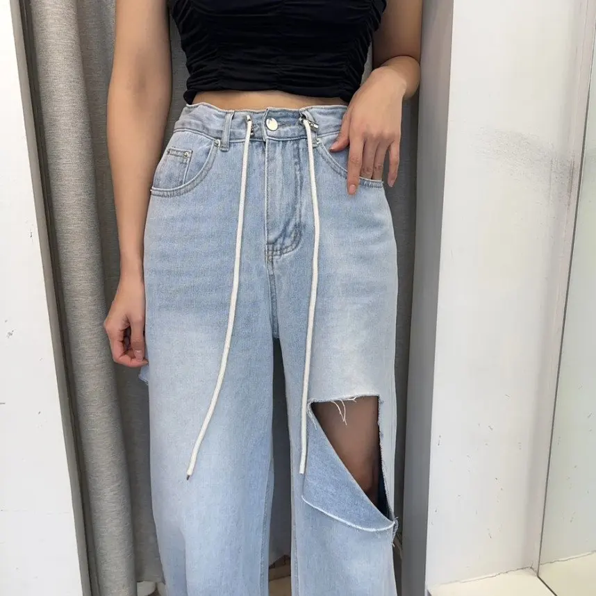 

High Waist Wide Leg Jeans Women's Distred Design Casual Sle Blue Cotton Denim Pants Vintage Chic Summer New Arrival