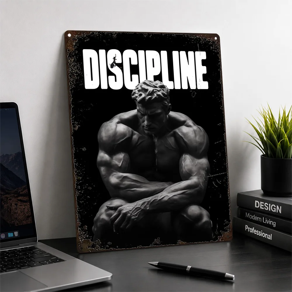Discipline Muscular Male Statue Aluminum Poster Monochrome Wall Art For Home Office Customized Metal Sign Graduation Gift Idea