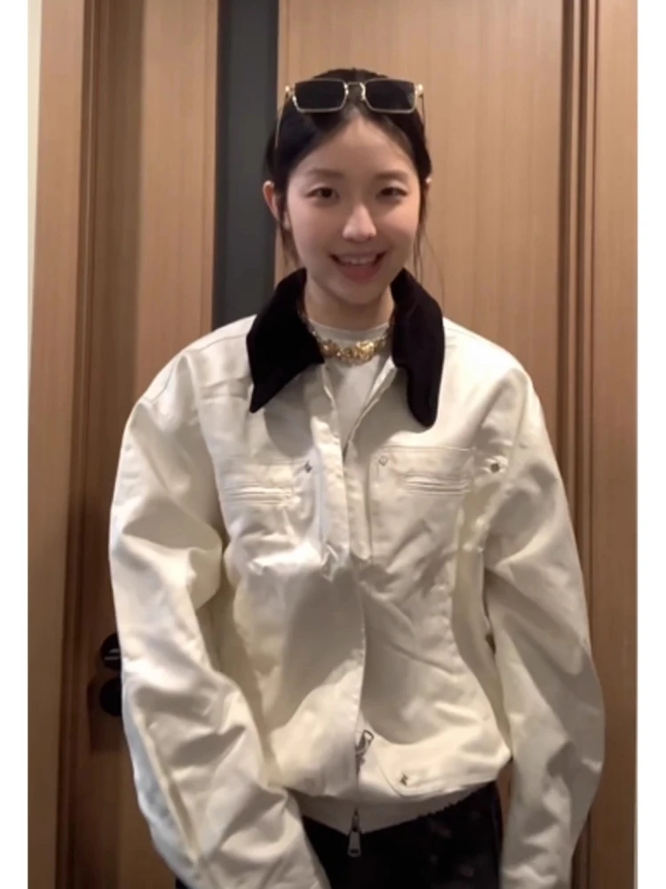 

Barn Sle Women's ort Jaet Zipper Design Retro American Workwear Coat Flip Collar Warm Polyester Long Sve Top