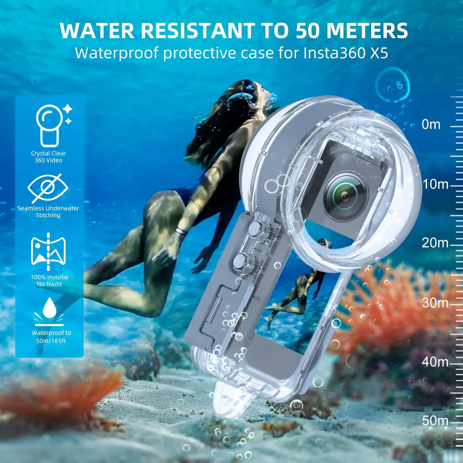 PULUZ 50m versiegeltes, wasserdichtes Tauchgehäuse für Insta360 X5, für Insta360 X5 Panoramakamera, 50 m Unterwasser-Foto- und Video-Schutzhülle – Detail 5