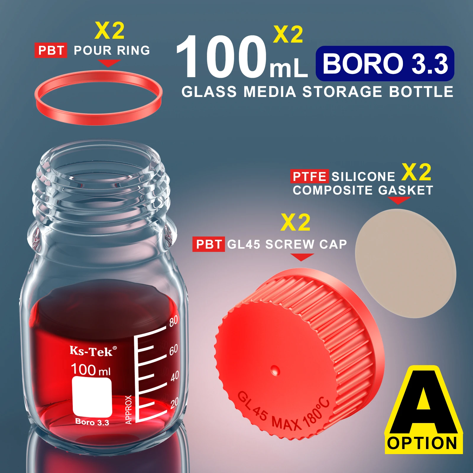 Ks-tek GL45 Media botella, borosilicato 3,3, 100ml,PBT/PP tornillo GL 45 tapa, PBT/PP anillo de vertido, junta de silicona de PTFE, prelavado,