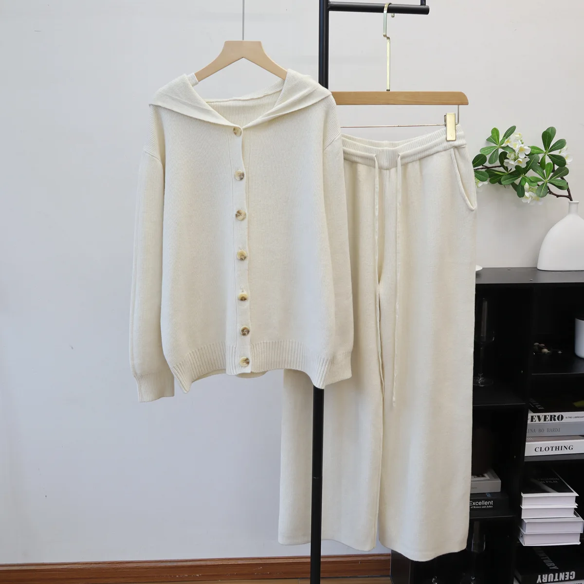 

Knit Pant Set Women Two Piece Sets Hooded Full Sleeve Sweaters Coats Wide Leg Long Pants Lace Up Elastic Waist Y2k Streetwear