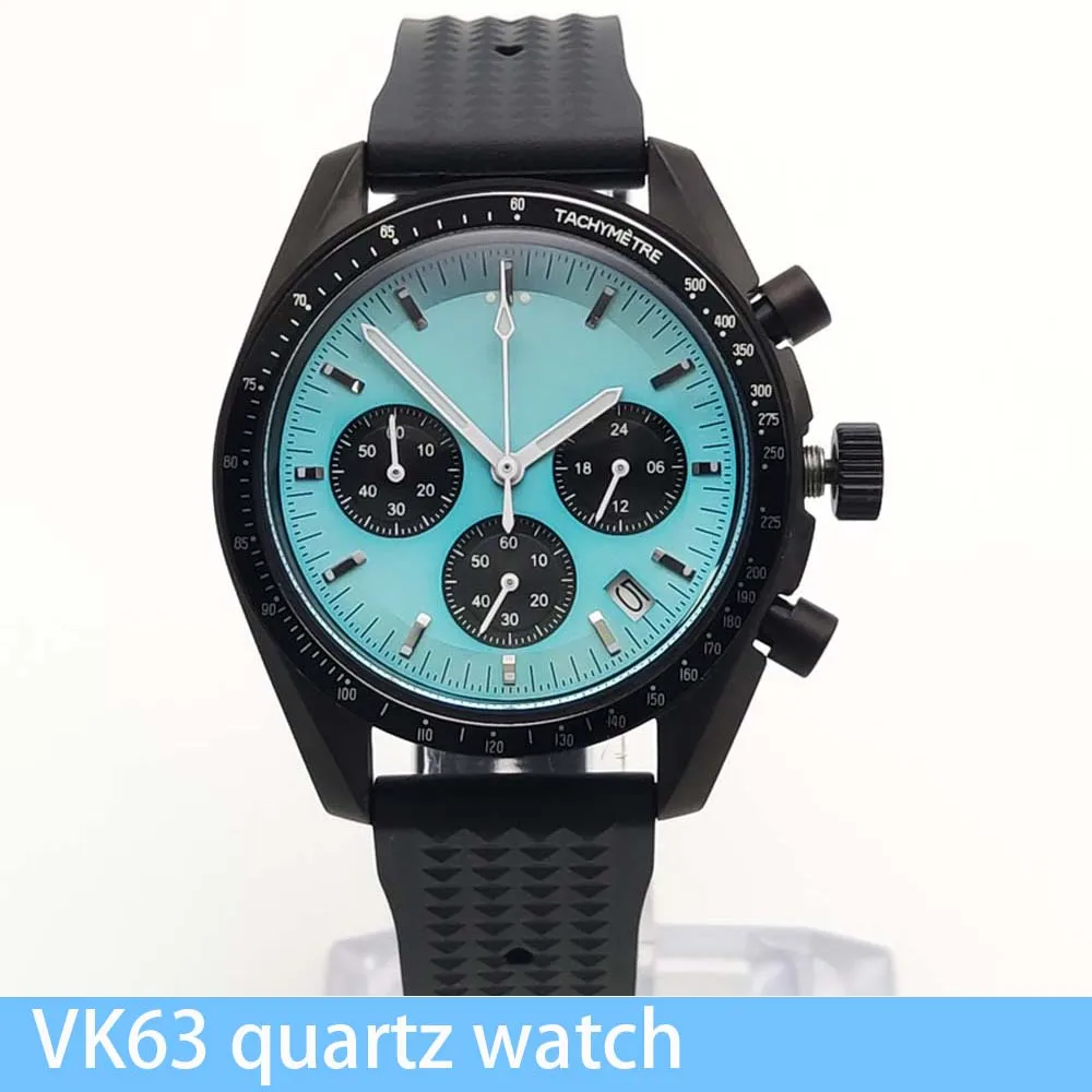 ساعة رياضية كوارتز سوداء 40 ملم للرجال VK63، هيكل مقاوم للماء من الفولاذ المقاوم للصدأ، حزام مطاطي مريح، زجاج الياقوت