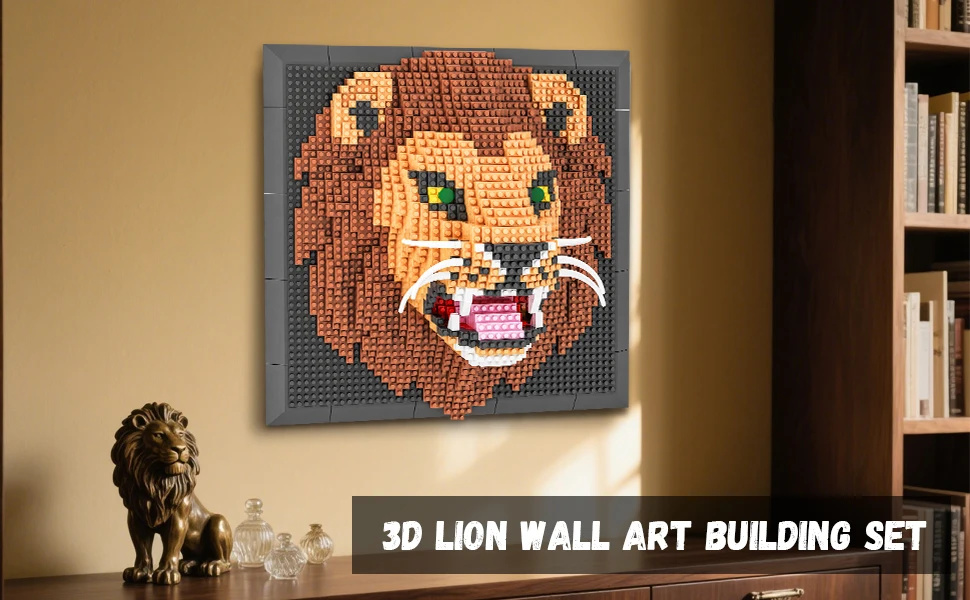 Löwen-Tier 3D-Wandkunst Mikro-Mini-Baustein-Set für Erwachsene Einzigartige Heimwanddekoration oder Tischdekoration Schlafzimmer-Dekorations-Kit – Detail 1