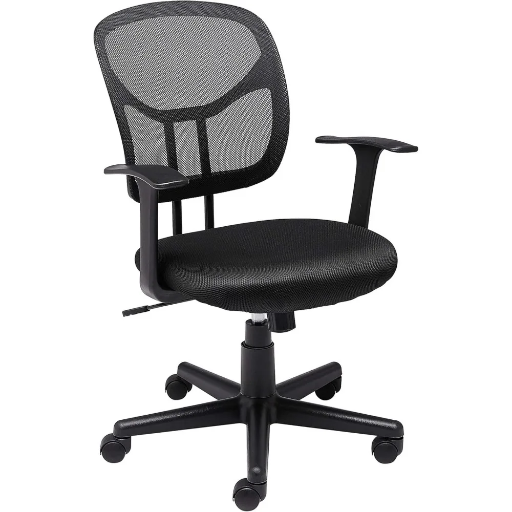 Mesh Mid-Back Office Desk Chair com braços e apoio lombar, altura ajustável, giratória de 360 graus, preto, básico