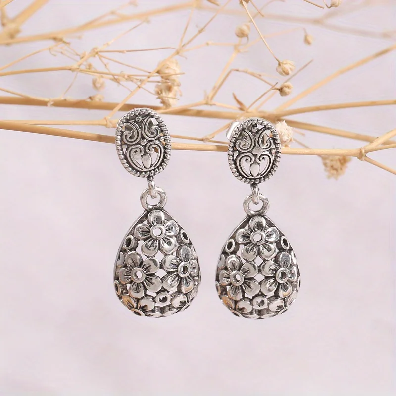 925 Silver Plated Floral Pattern Drop Earrings Metalwork Romantic Flower Sphere Dangle Earrings For Women Girls Lover Valentine\'