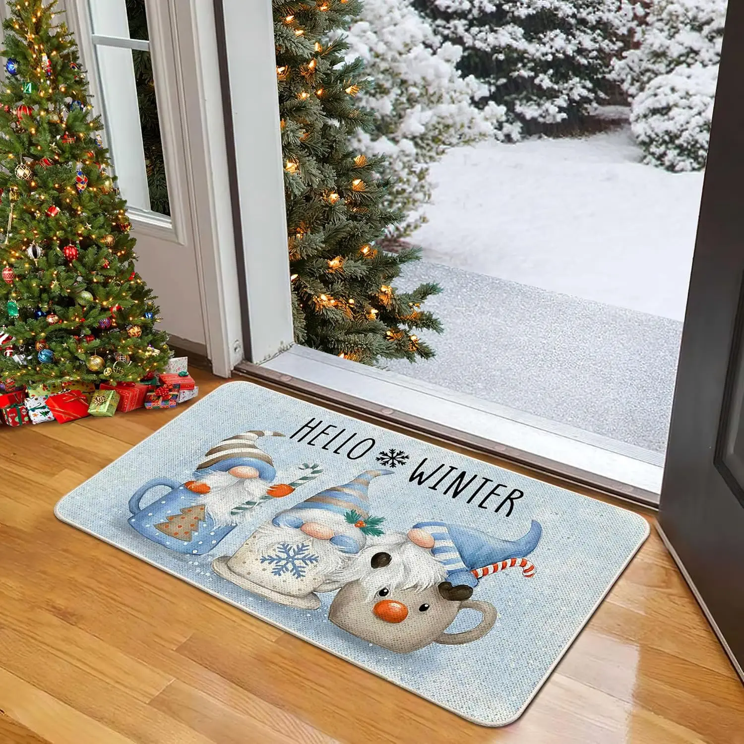 Winter Welcome Doormat Rug Christmas Blue Cute Gnomes Decorative Indoor Outdoor Xmas Entrance Non Slip Rubber Backing Front Door