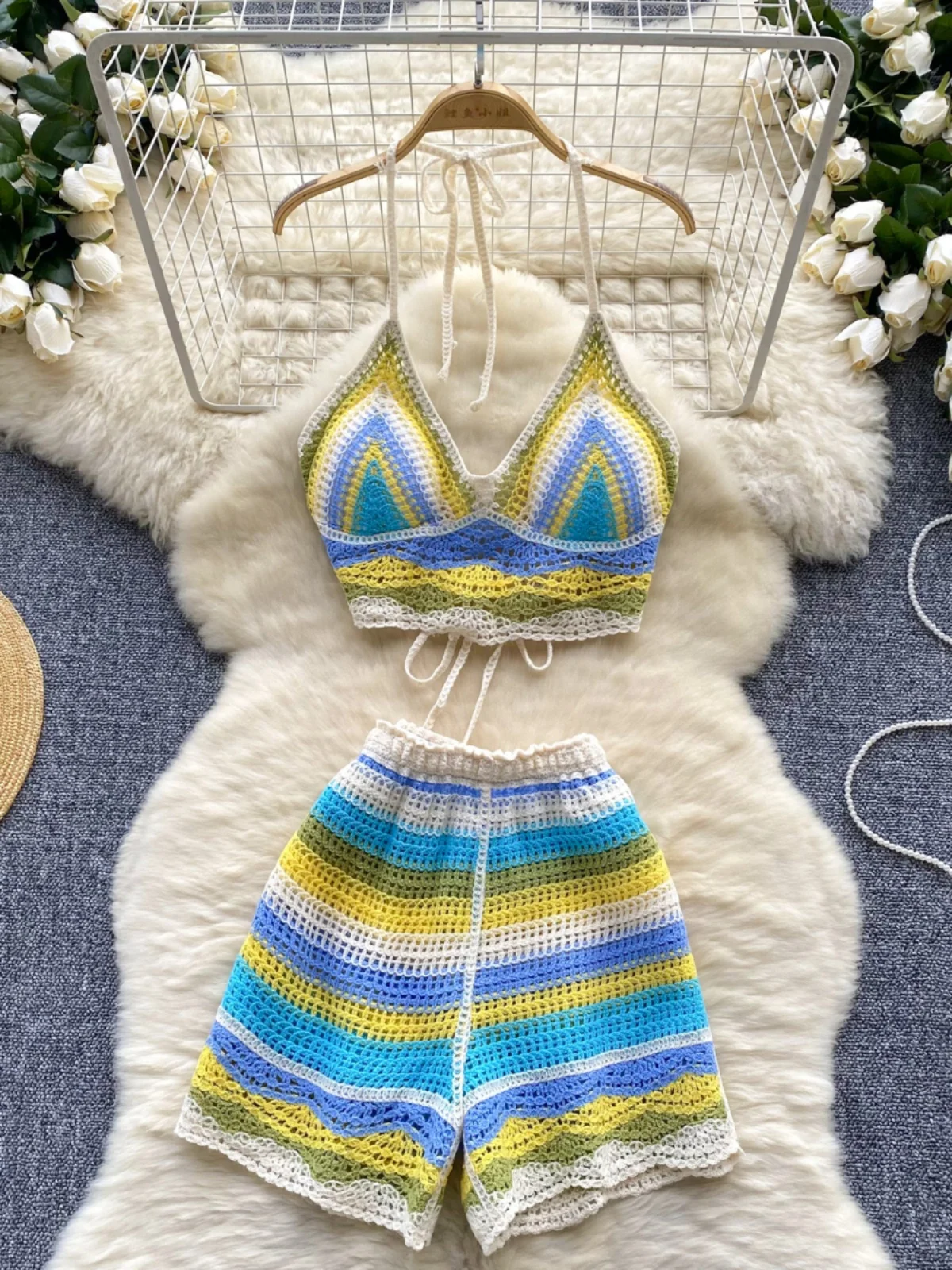 Women Summer Beach Vacation Set BOHO Hollow Out Crochet Backless Lace Up Halter Tops High Waist Contrast Color Wide Leg Shorts