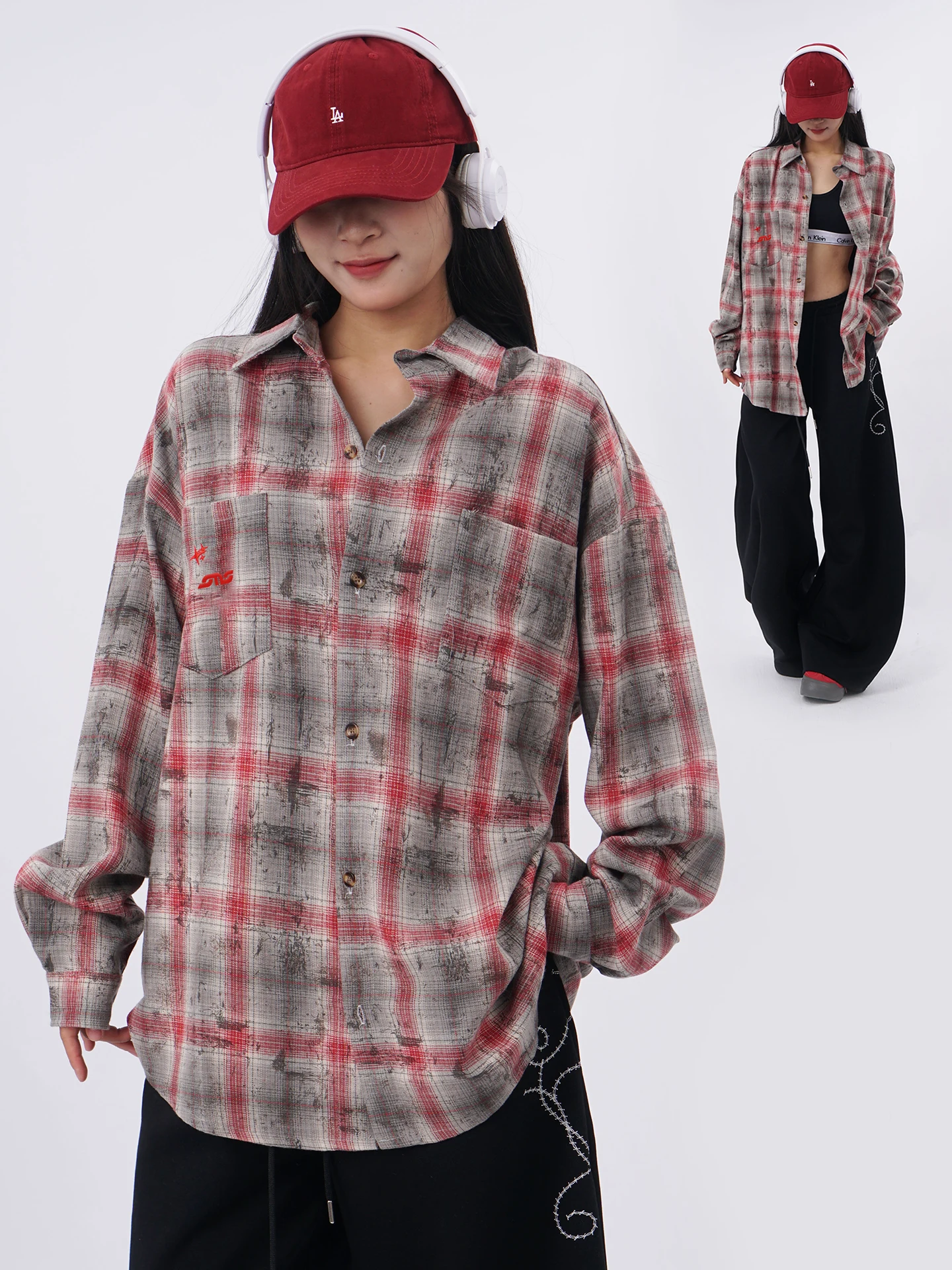 

Loose Oversize Plaid irt Street Dance High Street Hip Hop Sle Women's Casual Long Sve irt Coat SAMUSAN Brand