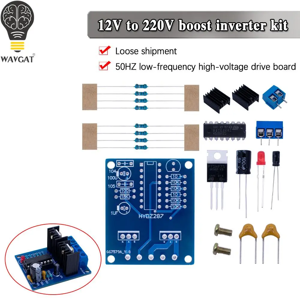 WAVGAT12V to 220V inverter booster circuit 50HZ low frequency high voltage drive board booster inverter component training test
