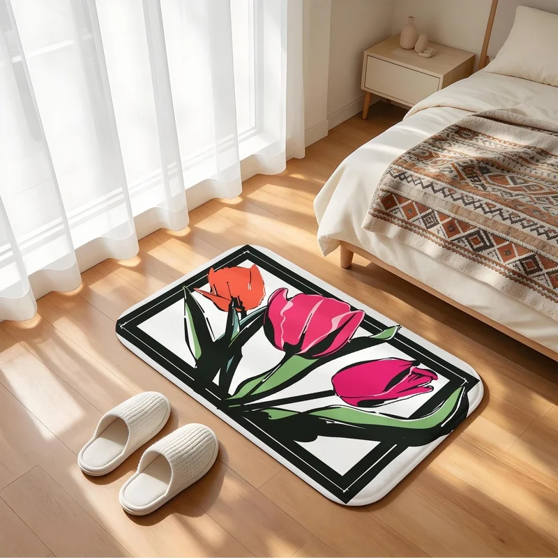 Sketch Tulip Flower Print Doormat Non Slip Absorbent Floor Mat Floral Entryway Bathroom Decor Rug