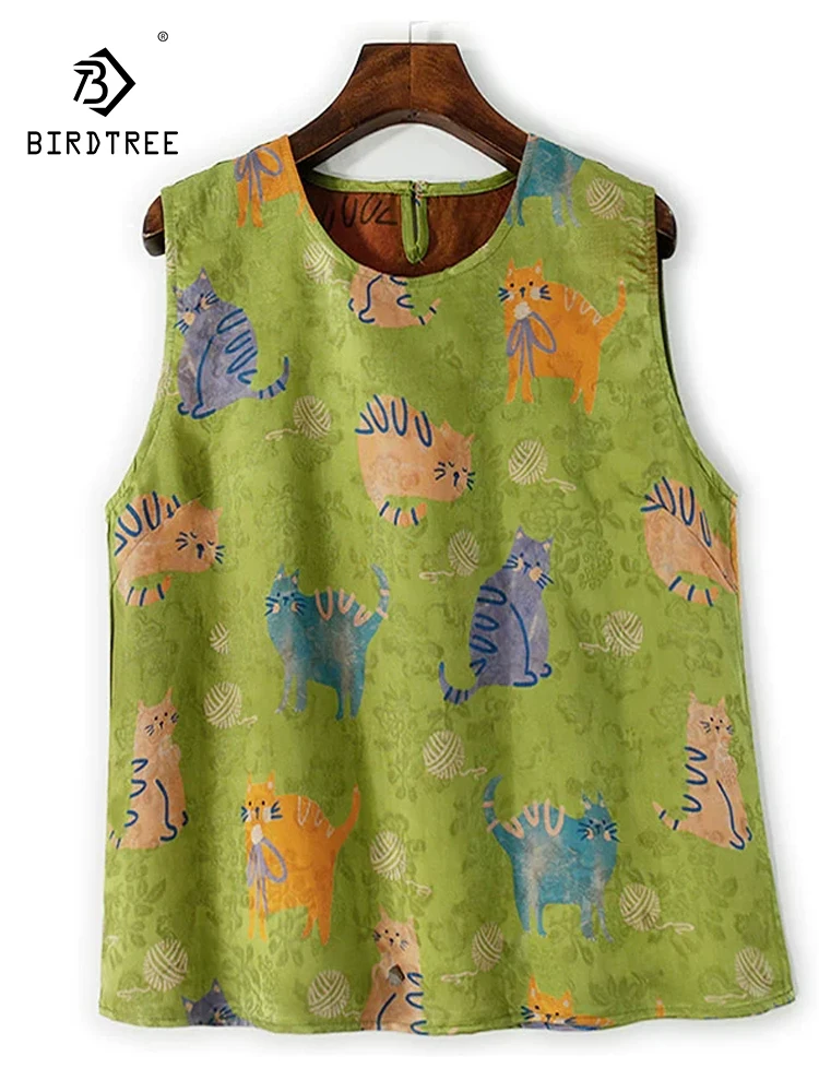 

BirdTree-35MM Silk Watered Gauze Elegant Vest, Women O Neck Cartoon Jacquard, Cute Commute Loose Tank Top, 2025 Summer T57230CC