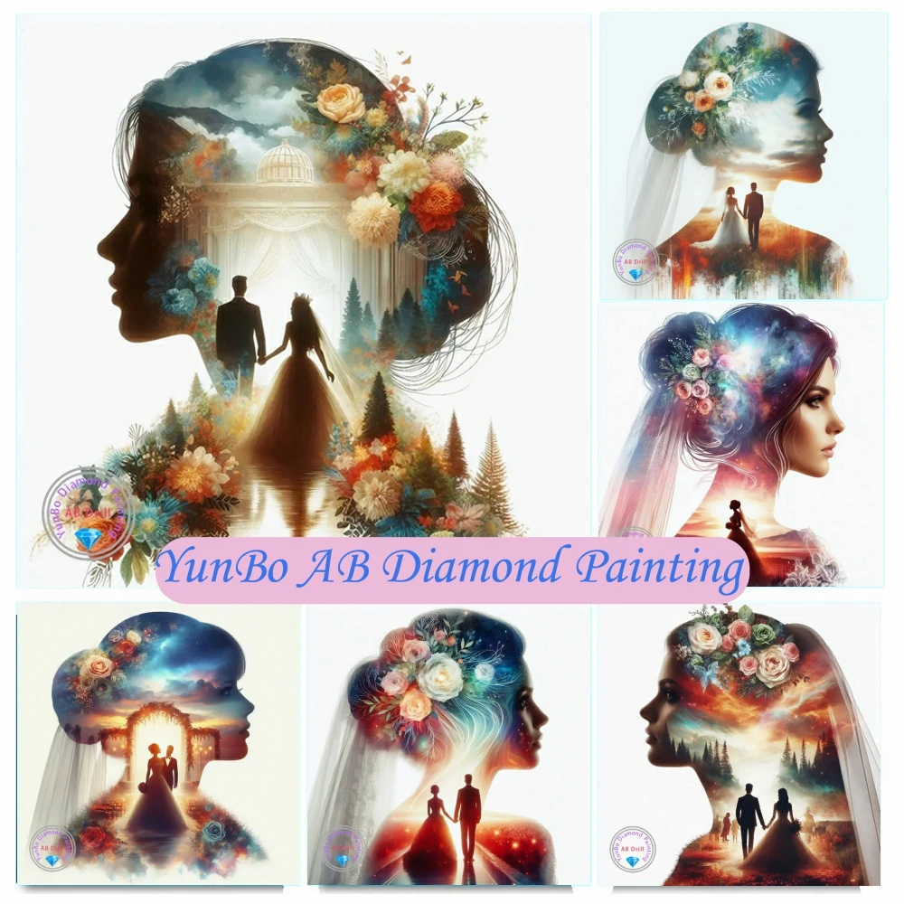 

Romantic Wedding Silhouette Art DIY AB Diamond Painting Mosaic Fantasy Flower Cross Stitch Embroidery Craft Home Decor Love Gift