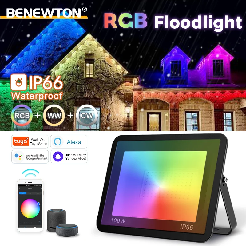 Smart TUYA RGB Floodlight APP Voice Control RGBCW CCT Outdoor Spotlight 30W-100W AC220V IP66 Waterproof Decor Wall Floodlight