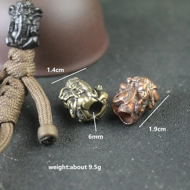 Thailand Sitting Elephant God of Wealth Brass Knife Bead EDC Outdoor DIY Woven Paracord Lanyard Charms Pendant Accessories Retro