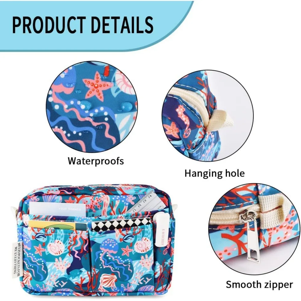 E-WEICHEN Multiple Pockets Portfolio Organizer with Zippered, Makeup Bag Travel Essentials for Women, Simple Waterproof Statione
