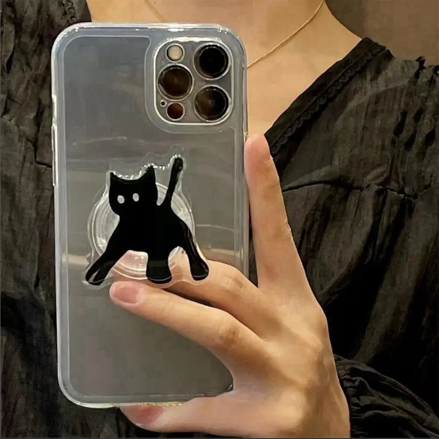 Case For OPPO A98 Reno 10 5G 10 Pro Plus 8T 4 2F 7Z 8Z 5Z 6Z 8 5G 5 6 Lite A58 A78 A1K Cover Clear TPU Black Flower Cat Holder