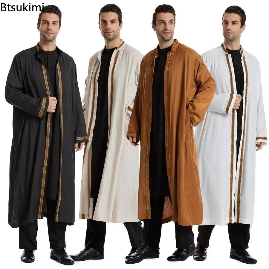 2024 Mid East Clothing Men\'s Traditional Jubba Thobe Fashion Stand Collar Cardigan Robe Muslim Open Abaya Men Daily Basic Style