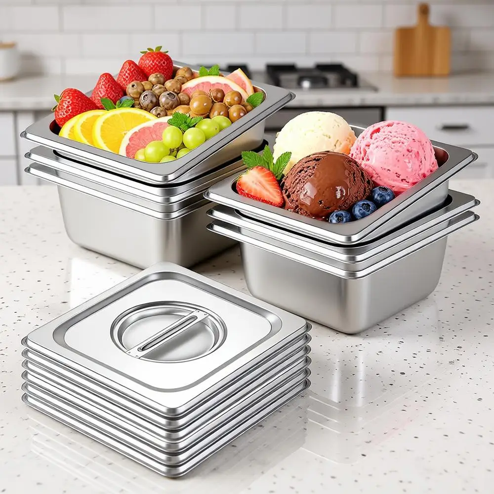 

6 Pack Hotel Pans with Lids, 1/6 Size, 4 Deep Stainless Steel Steam Table Pan, 6.9 L x 6.4 W, Anti Jam Buffet Pan for Home, Part