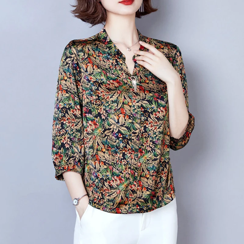 Women Vintage Floral Print Beaded Elegant Blouses Spring Summer Korean Fashion V Neck 3/4 Sleeve Shirts Ladies Loose Tops Blusas