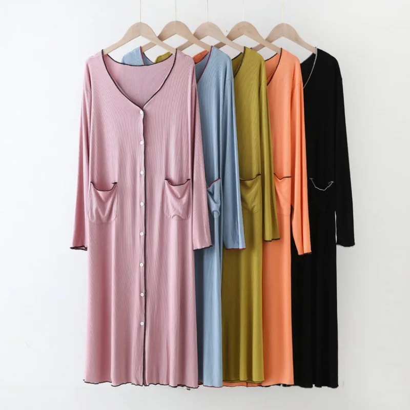 

Modal Long dress front-open over the knee Long sleeves homewear dress Women summer sleepdress Solid color Plus size