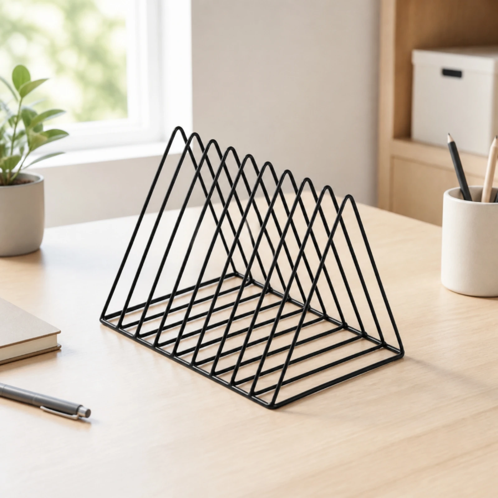 Iron Wire Desktop Organizer Stable Triangular Wire Display Rack Vinyl Album Holder Modern for Home Office, Media Corner