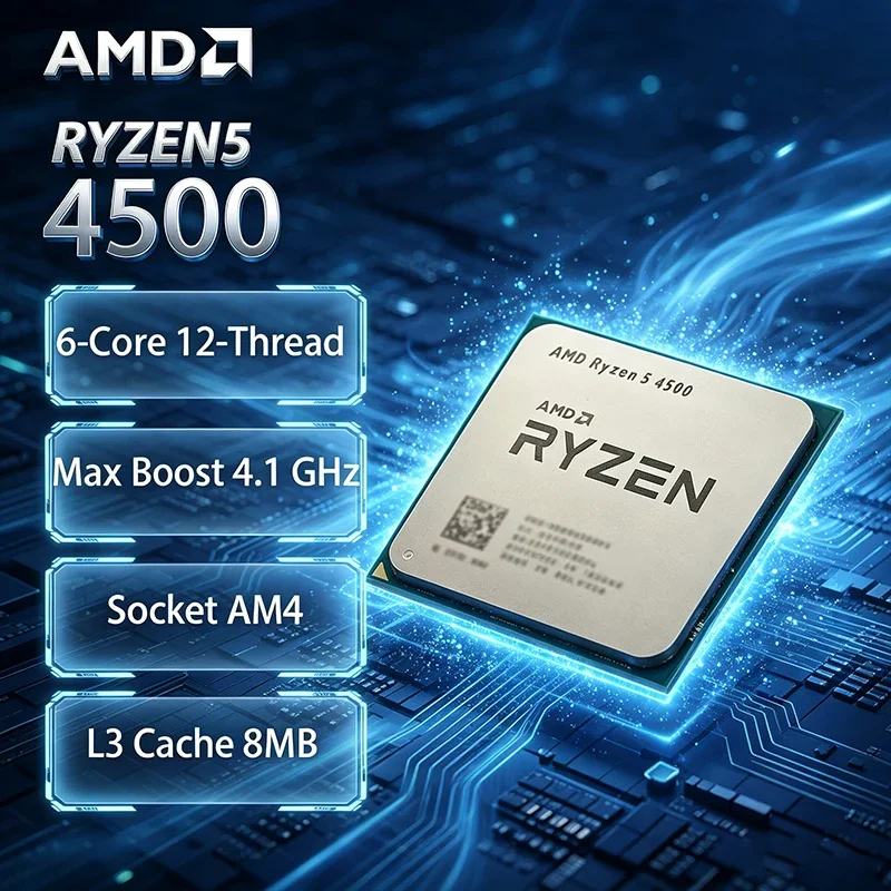 Процессор AMD Ryzen 5 4500, сокет AM4, 6 ядер, 12 потоков, 8 МБ L3, DDR4, 65 Вт, 7 нм - без вентилятора