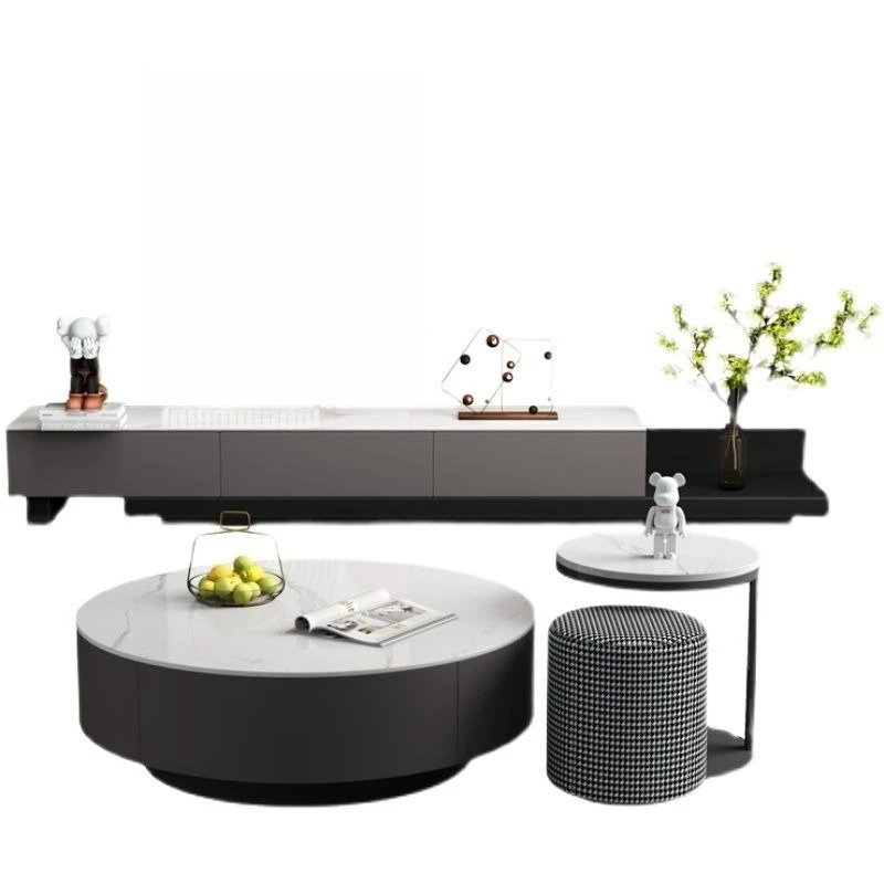 

Round slate coffee table retractable TV cabinet living room stretch TV cabinet floor storage cabinet