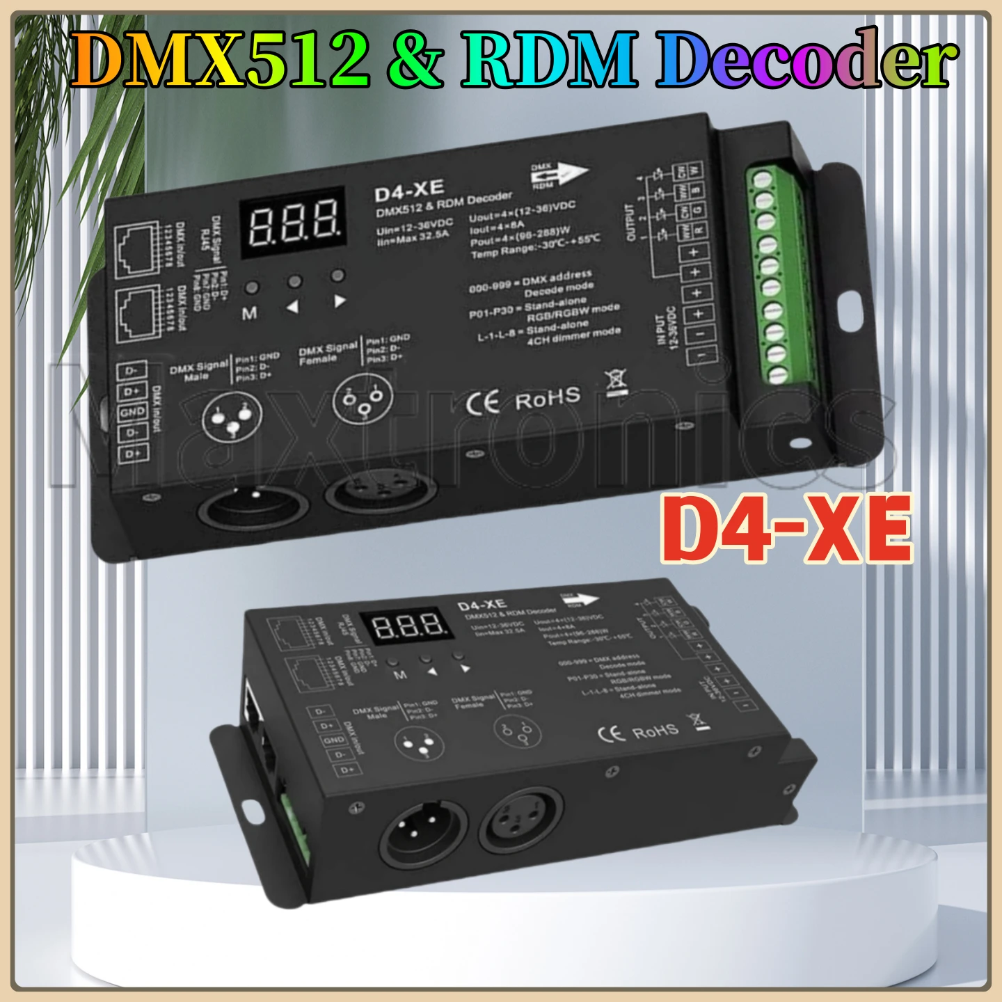 

DMX512 RDM LED Decoder Controller D4-XE 4CH PWM Constant Voltage CV With Digital Display XLR3 RJ45 DC12V 24V 36V Input 8A*4CH