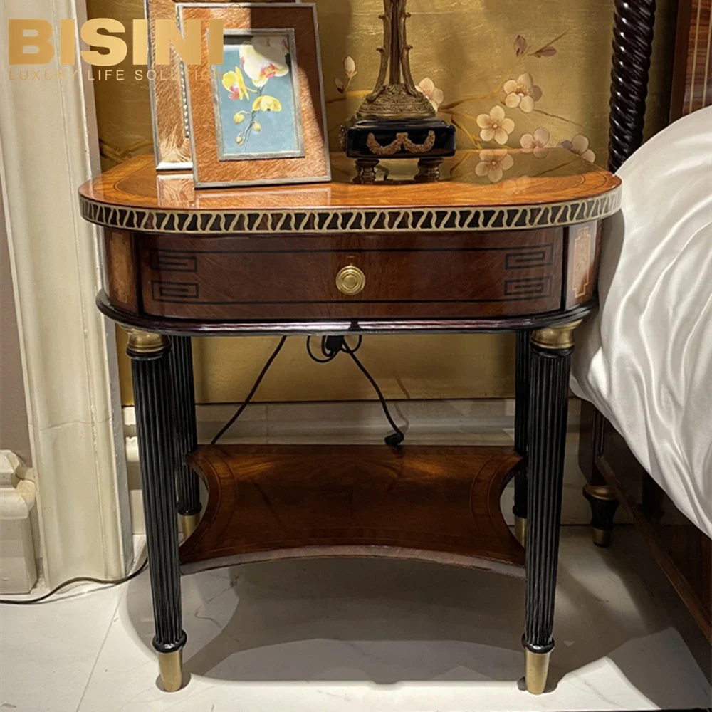 Vintage Retro British Style Solid Wood Mahogany Single Drawer Bedside Table Handcrafted Veneer Marquetry Inlaid Nightstand