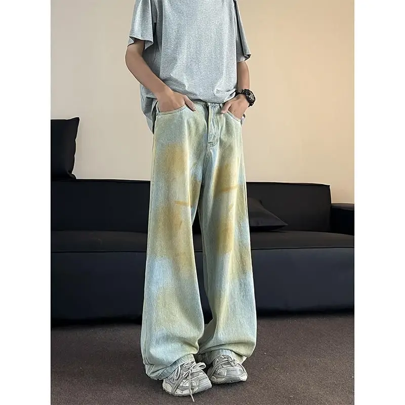 

Foufurieux 2024 Summer Vintage Wide Leg Loose Jeans Men's Retro Blue Baggy Jeans Trousers Man Casual Denim Pants Streetwear Men