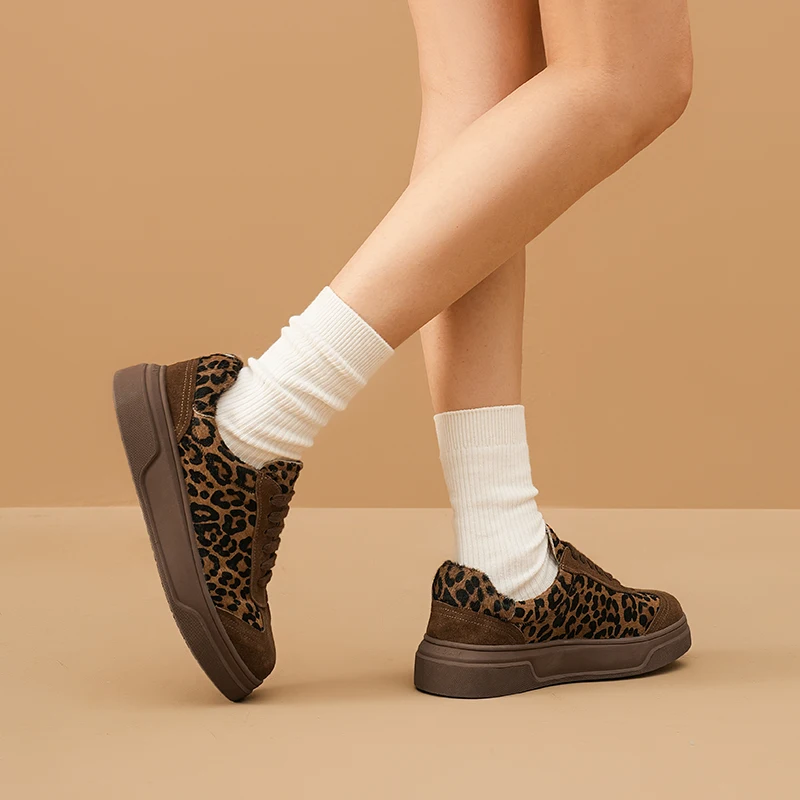 Handmade Leopard Print Cow Suede Sneakers for Women