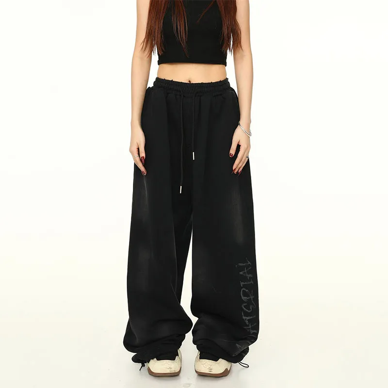 American Vintage High Street Hip Hop Sweatpants Women Letter Graffiti Pocket Elastic High Waist Casual Loose Wide Leg Trousers