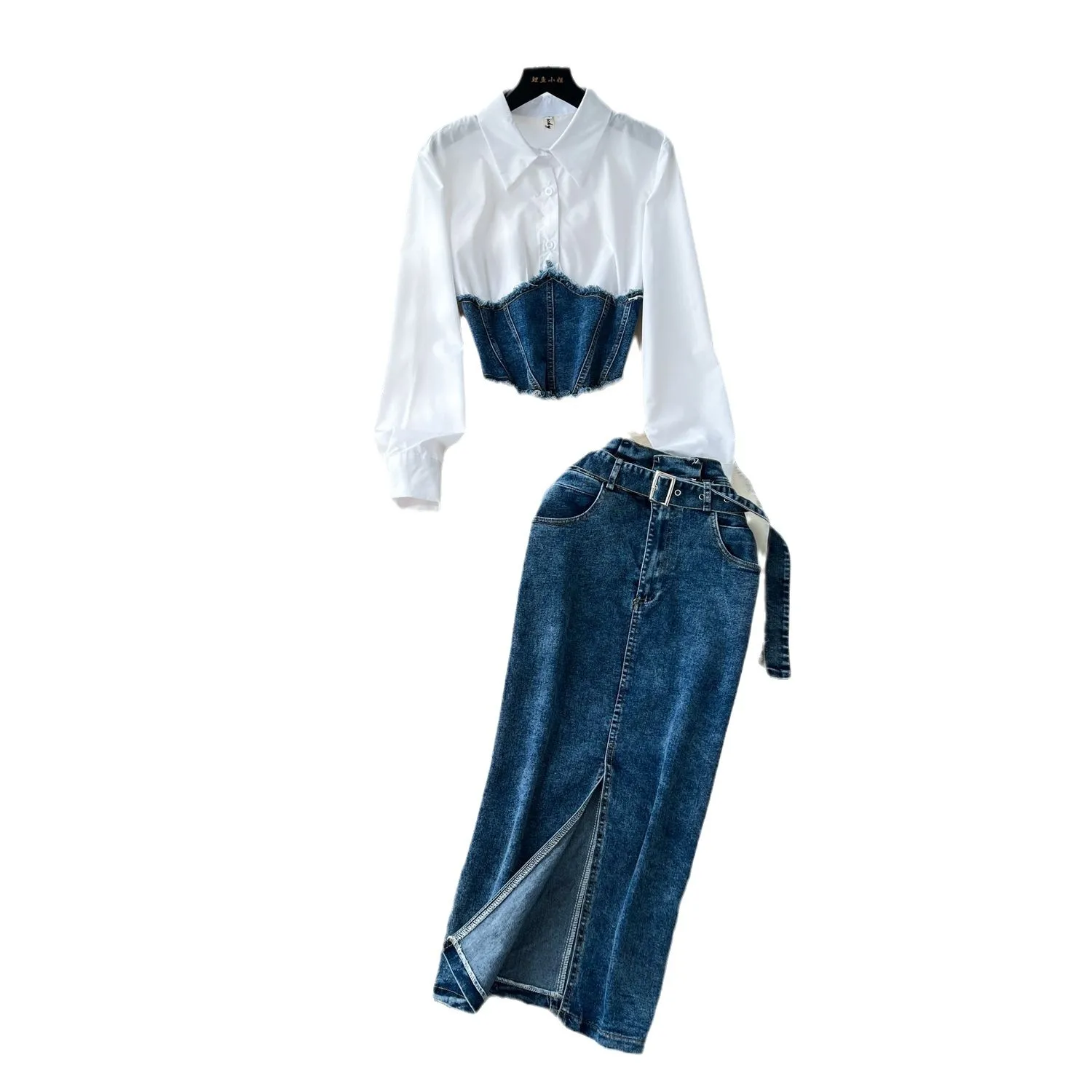 Mode Spleißen Gefälschte Zwei-stück Langarm-shirt frauen Gürtel Taille Denim Rock Zwei-stück Set