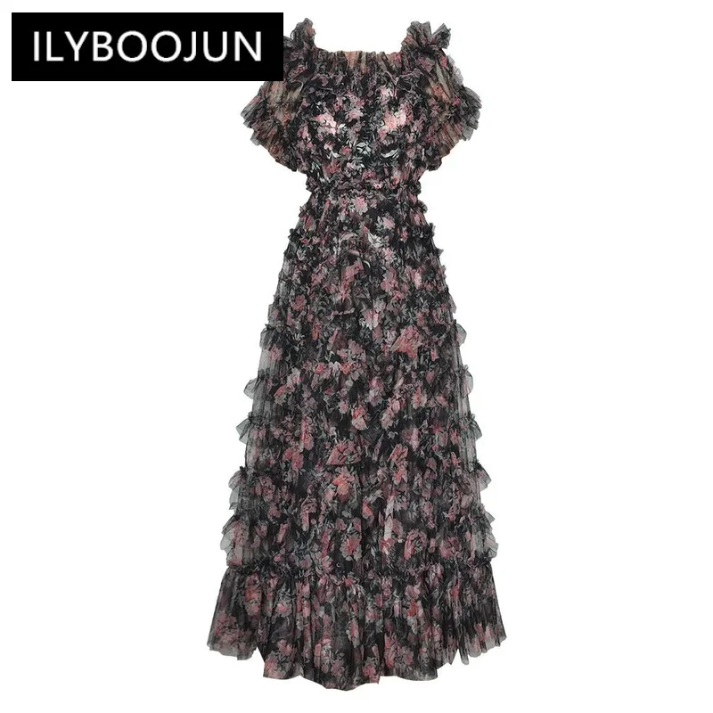 

ILYBOOJUN 2024 Summer High Quality Women Dress Elegant Floral Print Cascading Ruffle Square Collar Chiffon Princess Dresses