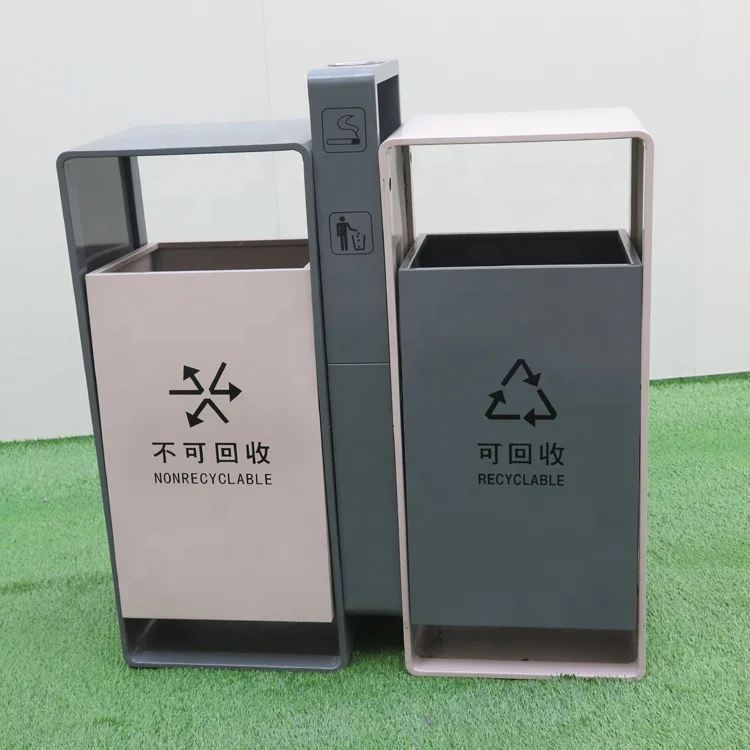 Outdoor Metal Recycling 2 Compartments Compost Dustbin Urban Steel Trash Can