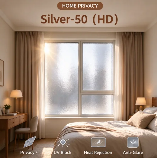 Silver 50 HD Window Film Roll PET Solar Control Anti Glare One Way Privacy Tint Simple DIY Installation For Vehicle House Glass