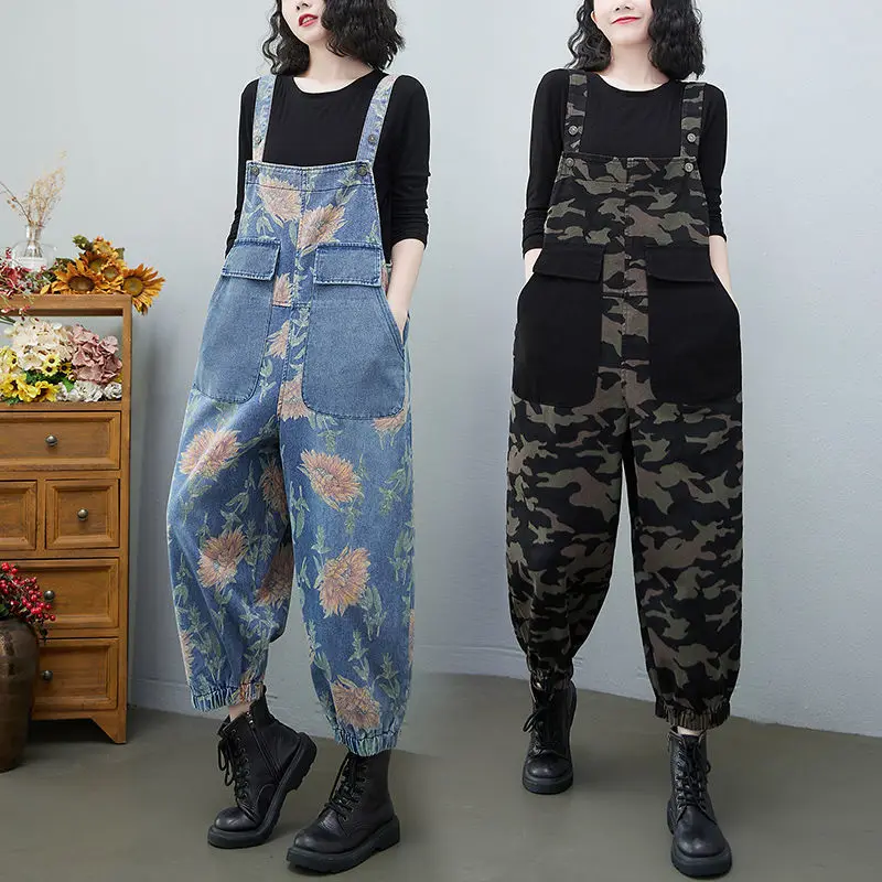 Spring Full Letters Printed Jeans Jumpsuits Women Big Pockets Loose Vintage Denim Jumpsuits Rompers Womens Retro Overalls