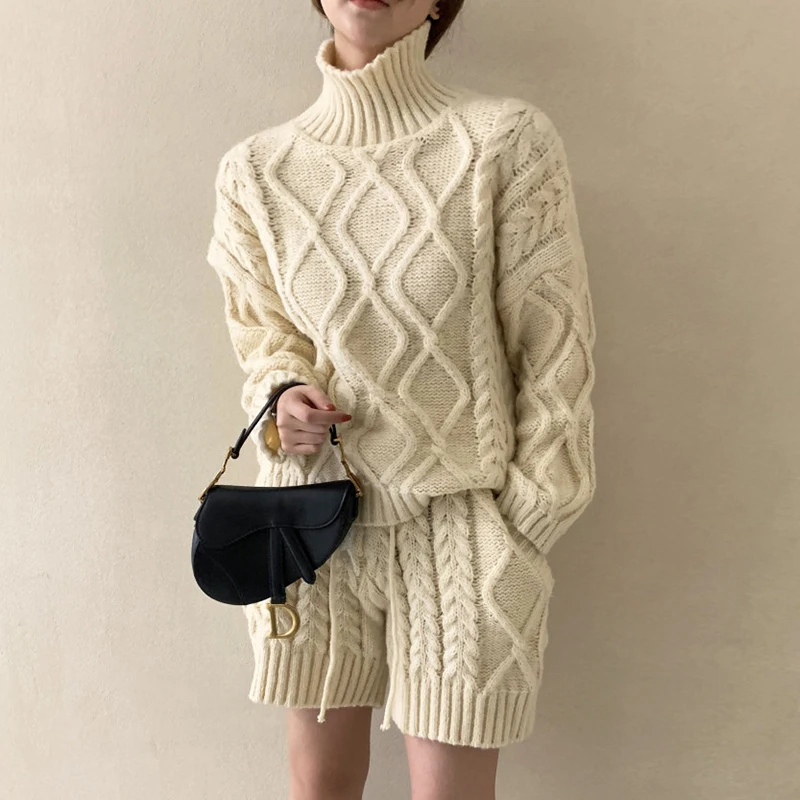 Vintage Twist Knitting Sets Turtleneck Knitted Sweater Tops High Waist Drawstring Lace-up Knitted Shorts Autumn Casual Knit Sets