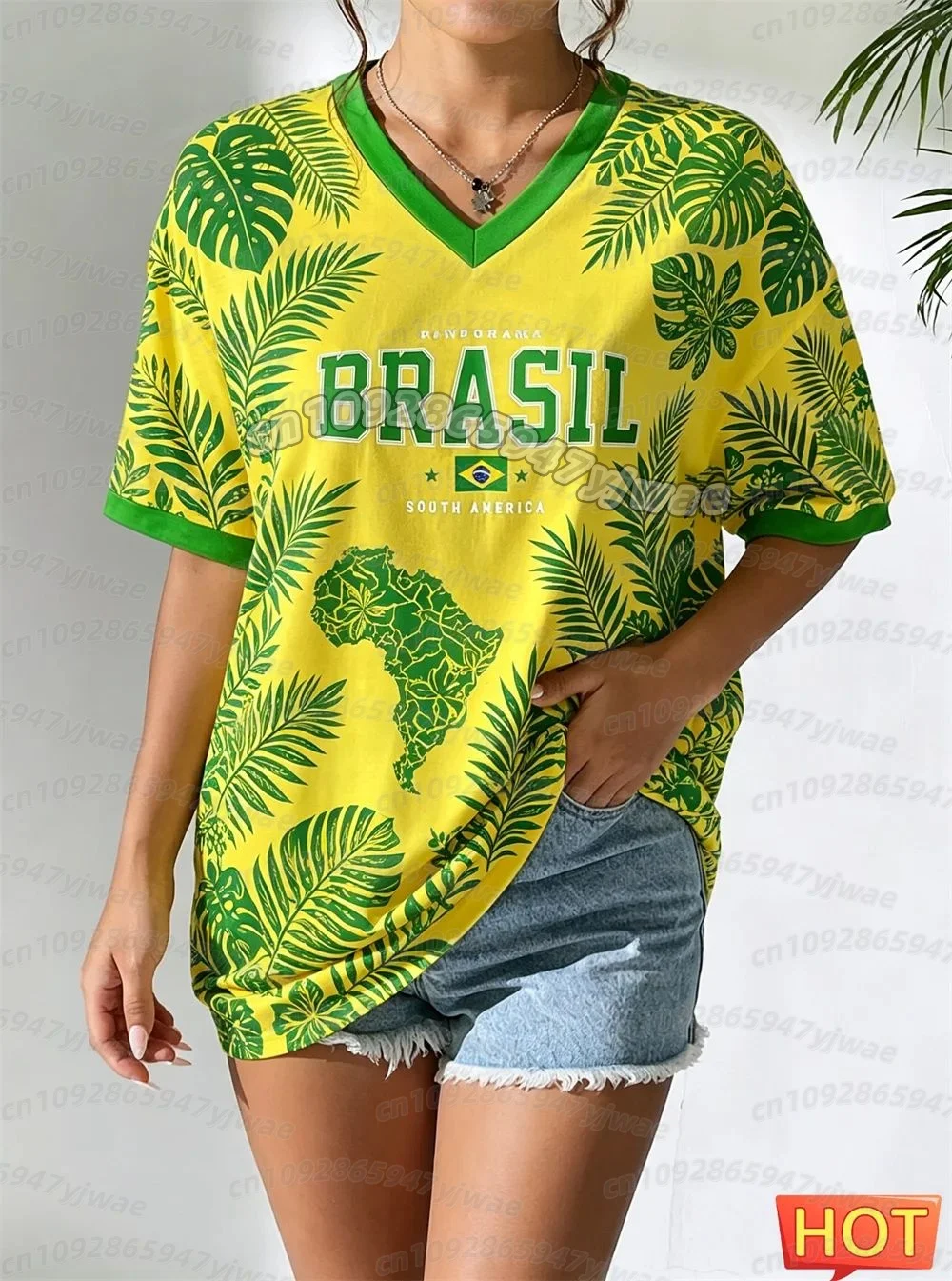 Neues Brasilianisches T-Shirt Sommer Damen V-Ausschnitt T-Shirt Brasilianisches Fußball-T-Shirt Gelb Farbverlauf Damen Herren Schnelltrocknende Oberteile – Detail 6