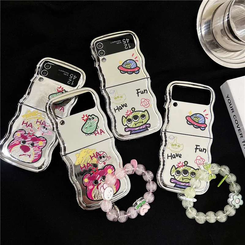 Cute Cartoon Bear Alien Phone Case for Samsung Galaxy ZFlip3 ZFlip4 ZFlip5 Hard PC Back Cover for Z Flip 5 Case Shell