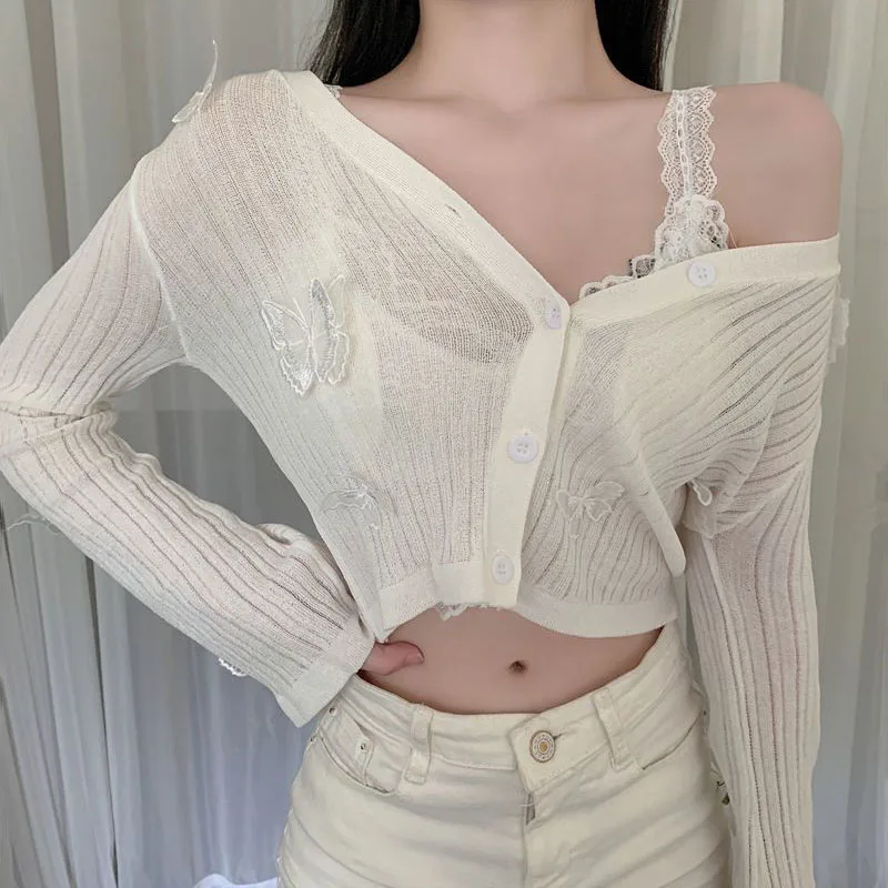 Sexy V-Neck Butterfly Cropped Cardigan for Woman Korean Button Knitted Crop Tops Women Summer Cute Long Sleeve Sweater Jacket