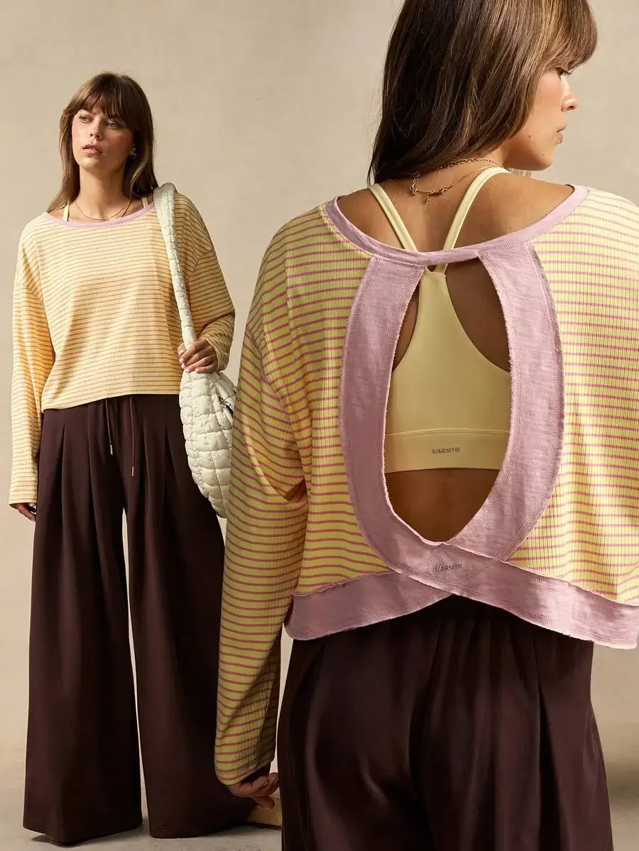 

Striped Long Sleeve Backless Crop Top For Women, Loose Casual Sport Tee Suitable For Yoga, Beach, Vacation And Daily Wear