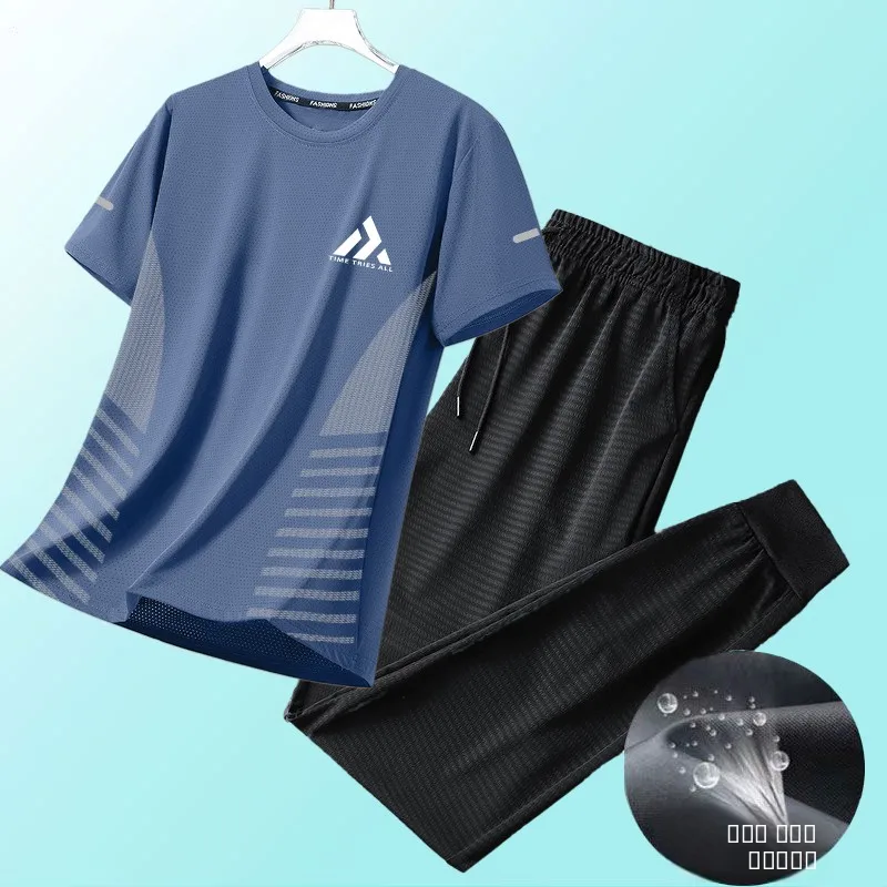 

Летний мужской спортивный повседневный комплект из двух предметов из ледяного шелка с охлаждающим эффектом, эластичный, дышащий, для бега, фитнеса и тренировок